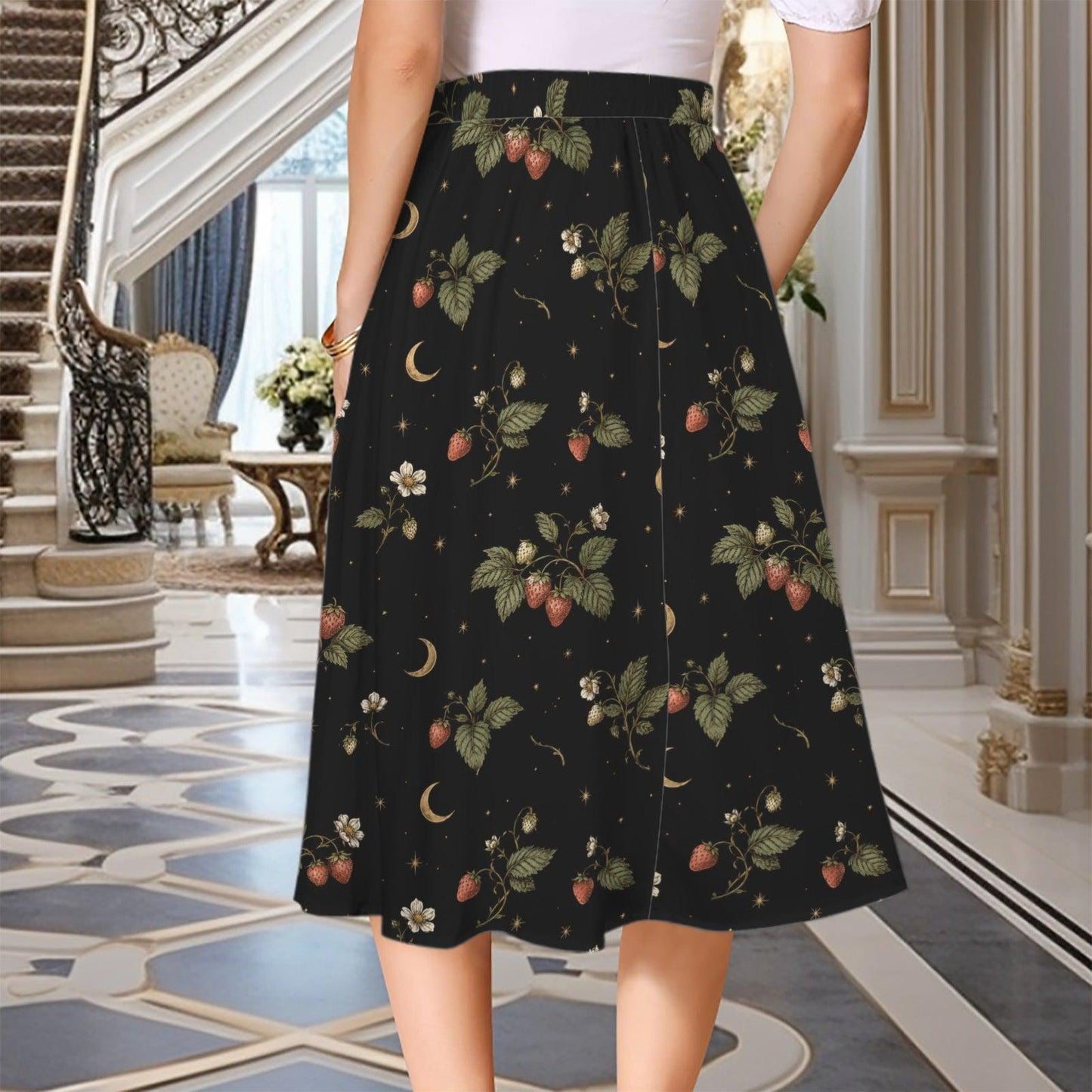 Botanical Moon Midi Skirt, Black Floral Garden A Line, Cottage Goth Nature Witch Wardrobe