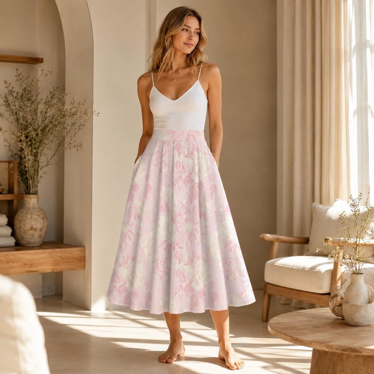 Pink Floral Midi Skirt, Watercolor High Waist A Line, Coquette Style with Pockets