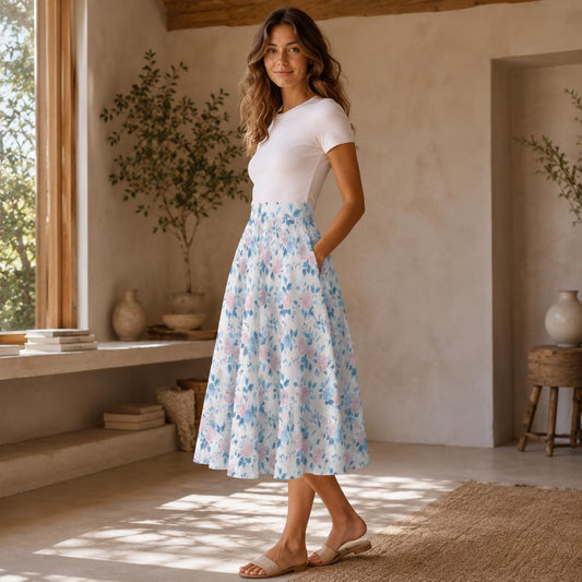 Blue Wildflower Midi Skirt, Cottagecore Floral, Pockets, Garden Party, Spring Summer