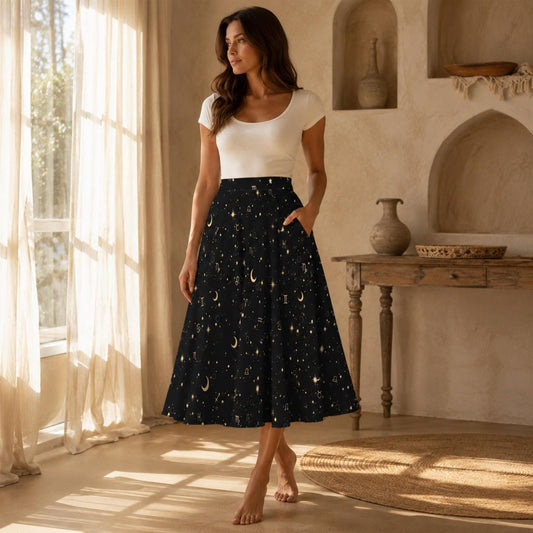 Celestial Midi Skirt, Black Zodiac Moon Star Print, High Waist A Line with Pockets