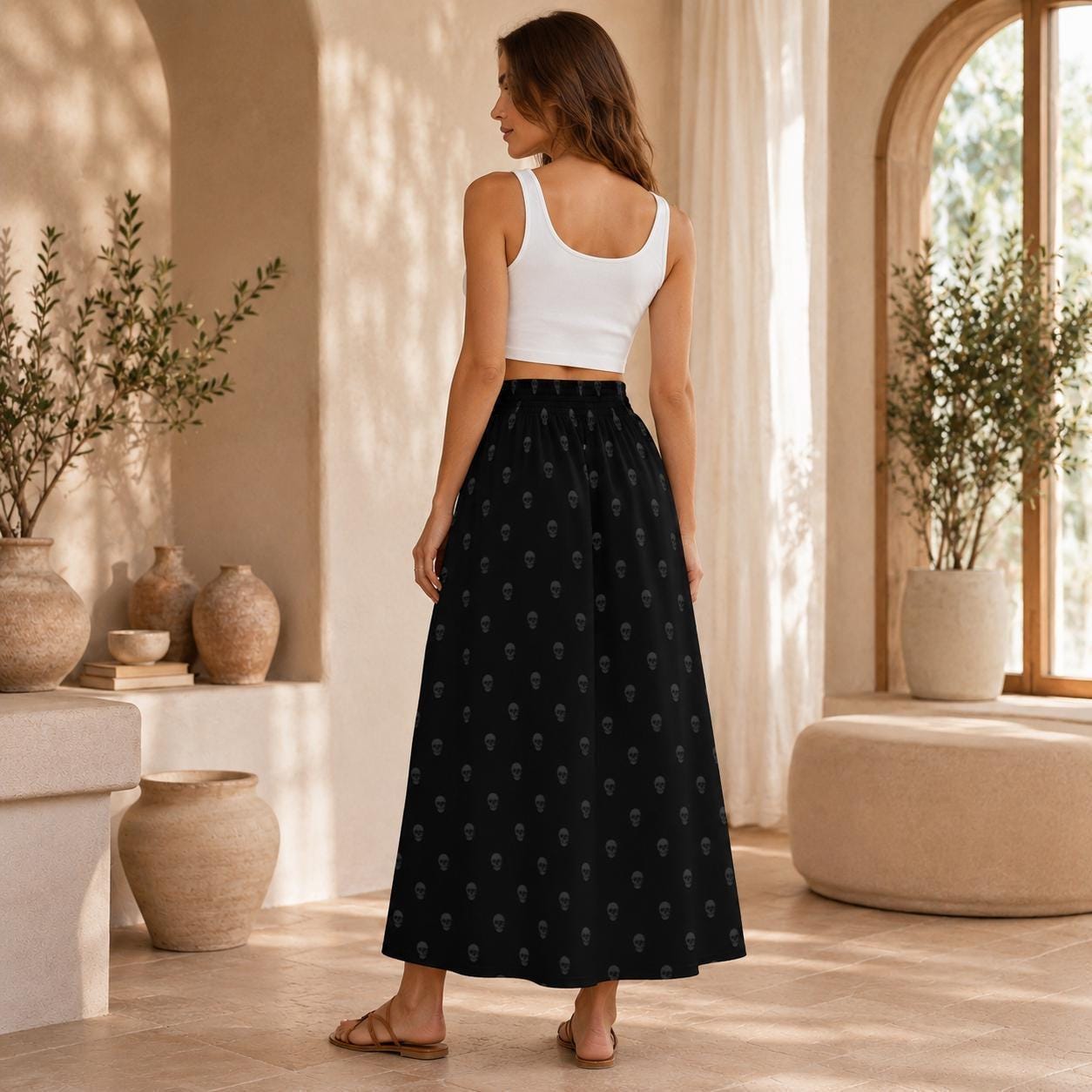 Black Skull Print Maxi Skirt, Tone-on-Tone Gothic A-Line Flowy Everyday Skirt