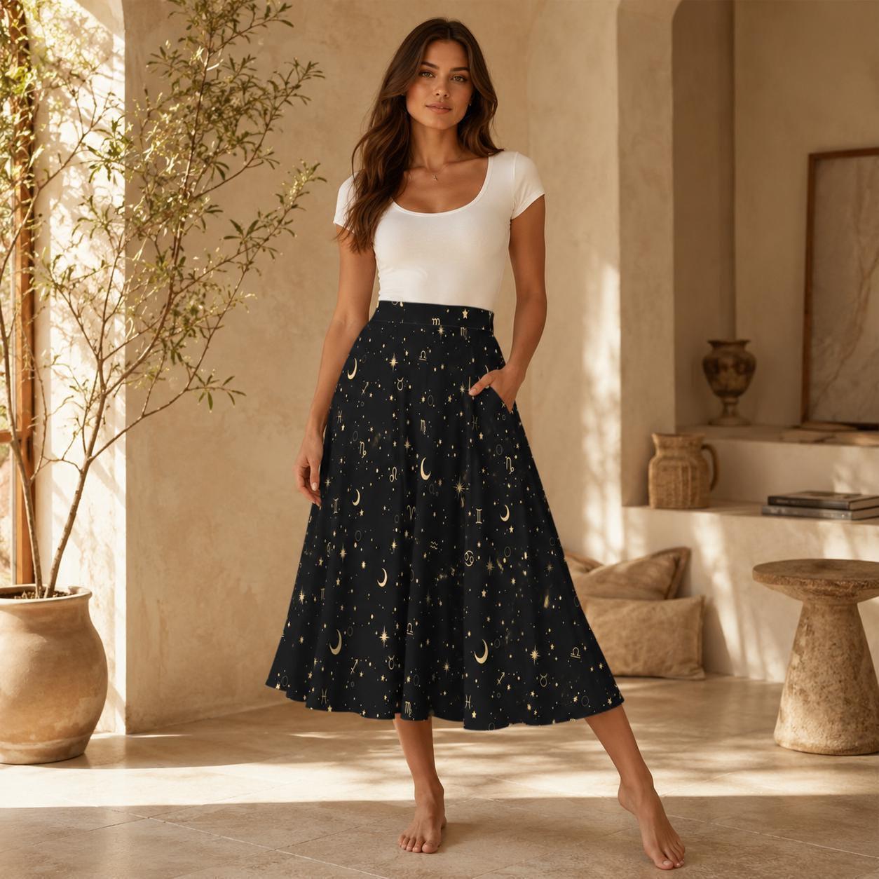 Celestial Midi Skirt, Black Zodiac Moon Star Print, High Waist A Line with Pockets