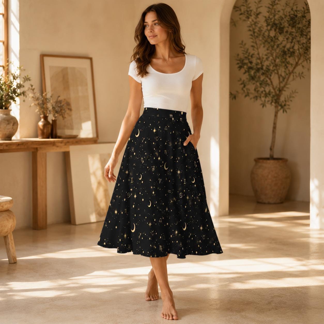 Celestial Midi Skirt, Black Zodiac Moon Star Print, High Waist A Line with Pockets