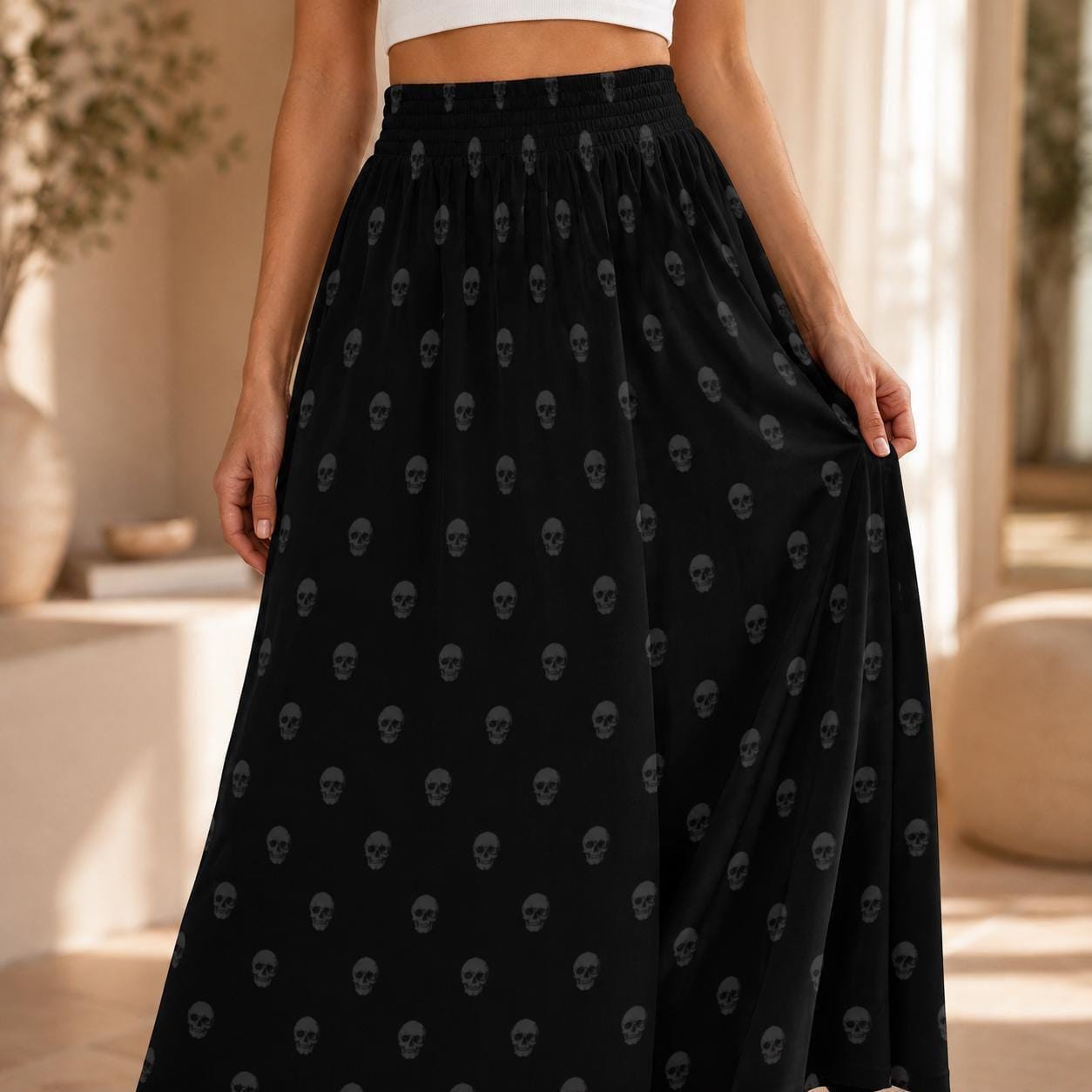 Black Skull Print Maxi Skirt, Tone-on-Tone Gothic A-Line Flowy Everyday Skirt