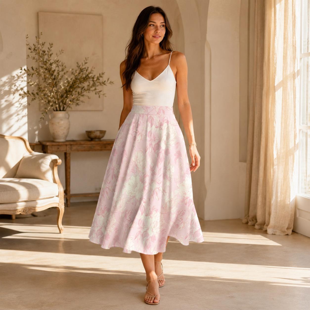 Pink Floral Midi Skirt, Watercolor High Waist A Line, Coquette Style with Pockets