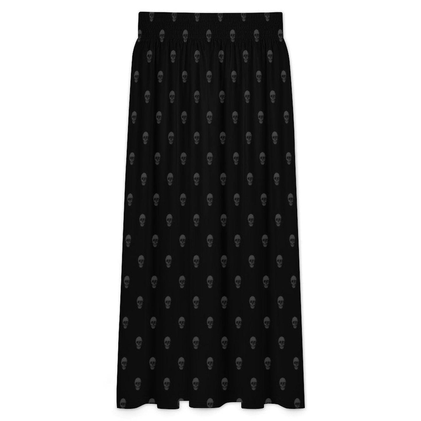 Black Skull Print Maxi Skirt, Tone-on-Tone Gothic A-Line Flowy Everyday Skirt