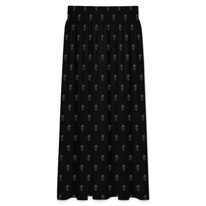 Black Skull Print Maxi Skirt, Tone-on-Tone Gothic A-Line Flowy Everyday Skirt