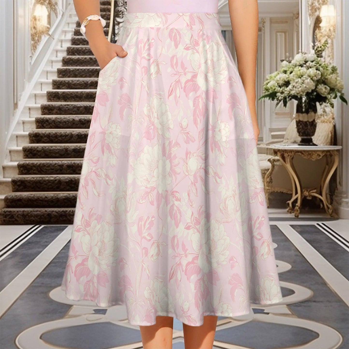 Pink Floral Midi Skirt, Watercolor High Waist A Line, Coquette Style with Pockets