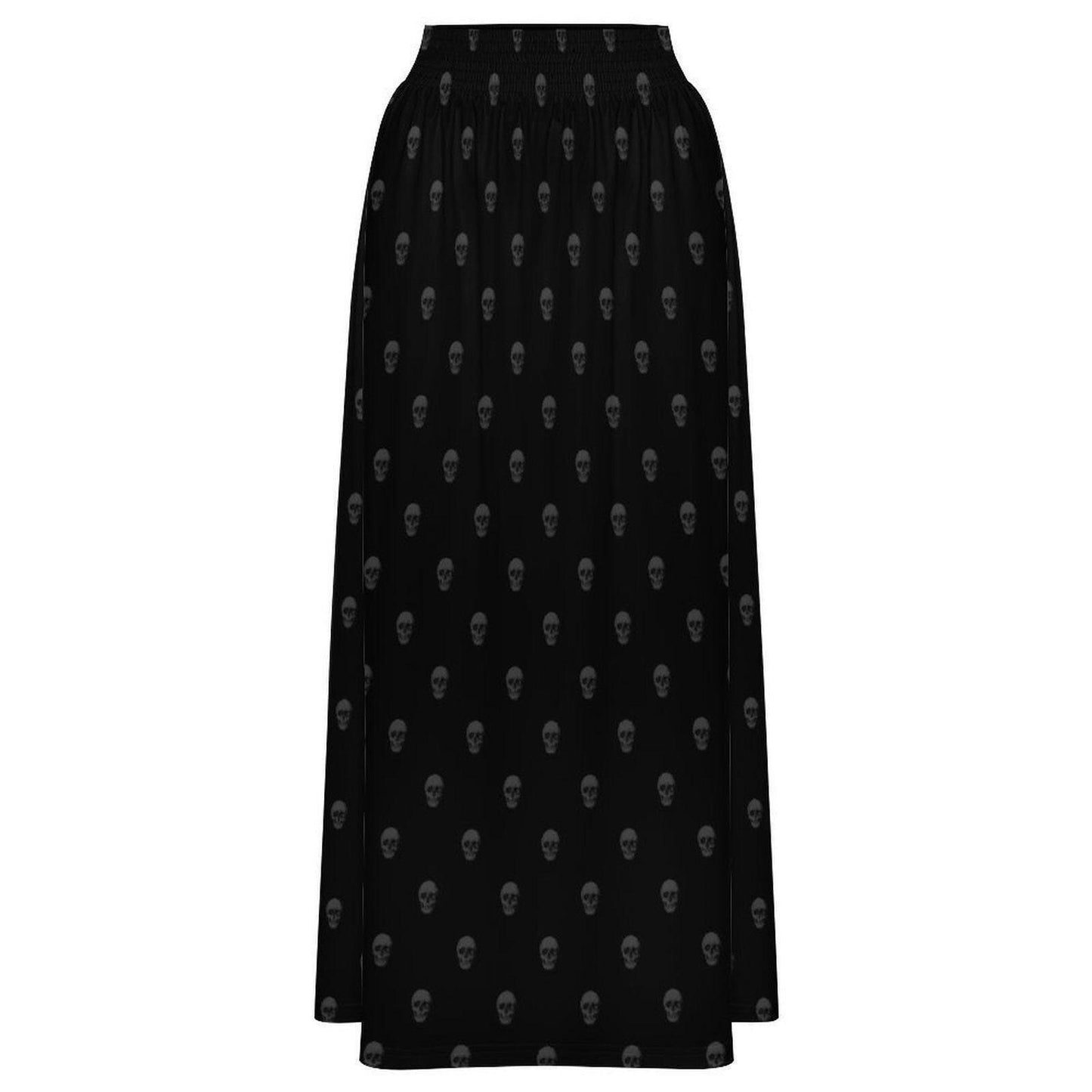 Black Skull Print Maxi Skirt, Tone-on-Tone Gothic A-Line Flowy Everyday Skirt