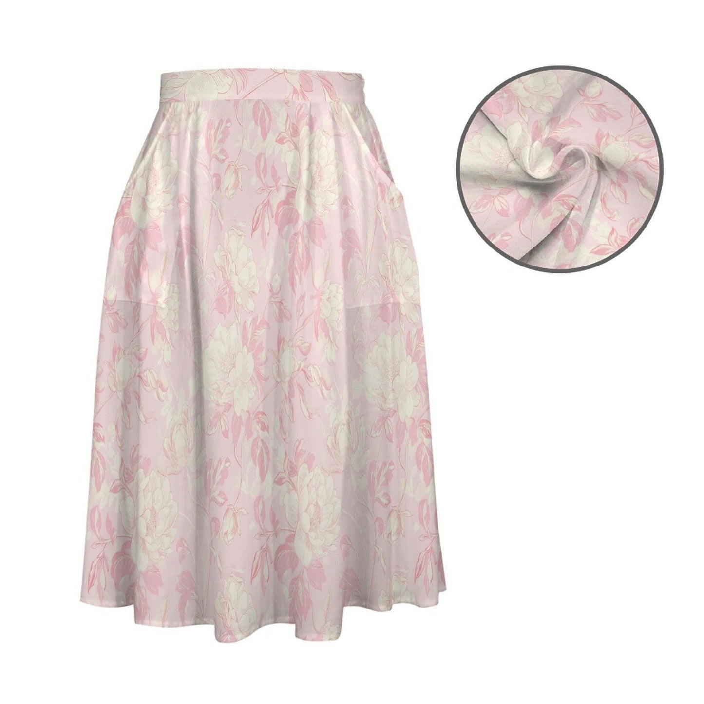 Pink Floral Midi Skirt, Watercolor High Waist A Line, Coquette Style with Pockets