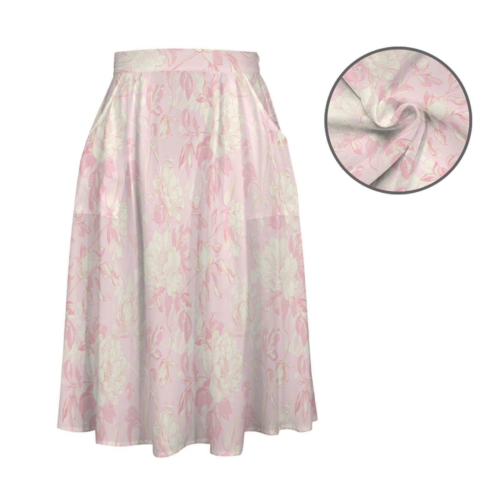 Pink Floral Midi Skirt, Watercolor High Waist A Line, Coquette Style with Pockets