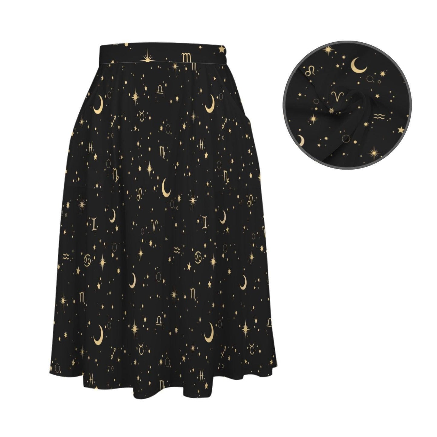 Celestial Midi Skirt, Black Zodiac Moon Star Print, High Waist A Line with Pockets