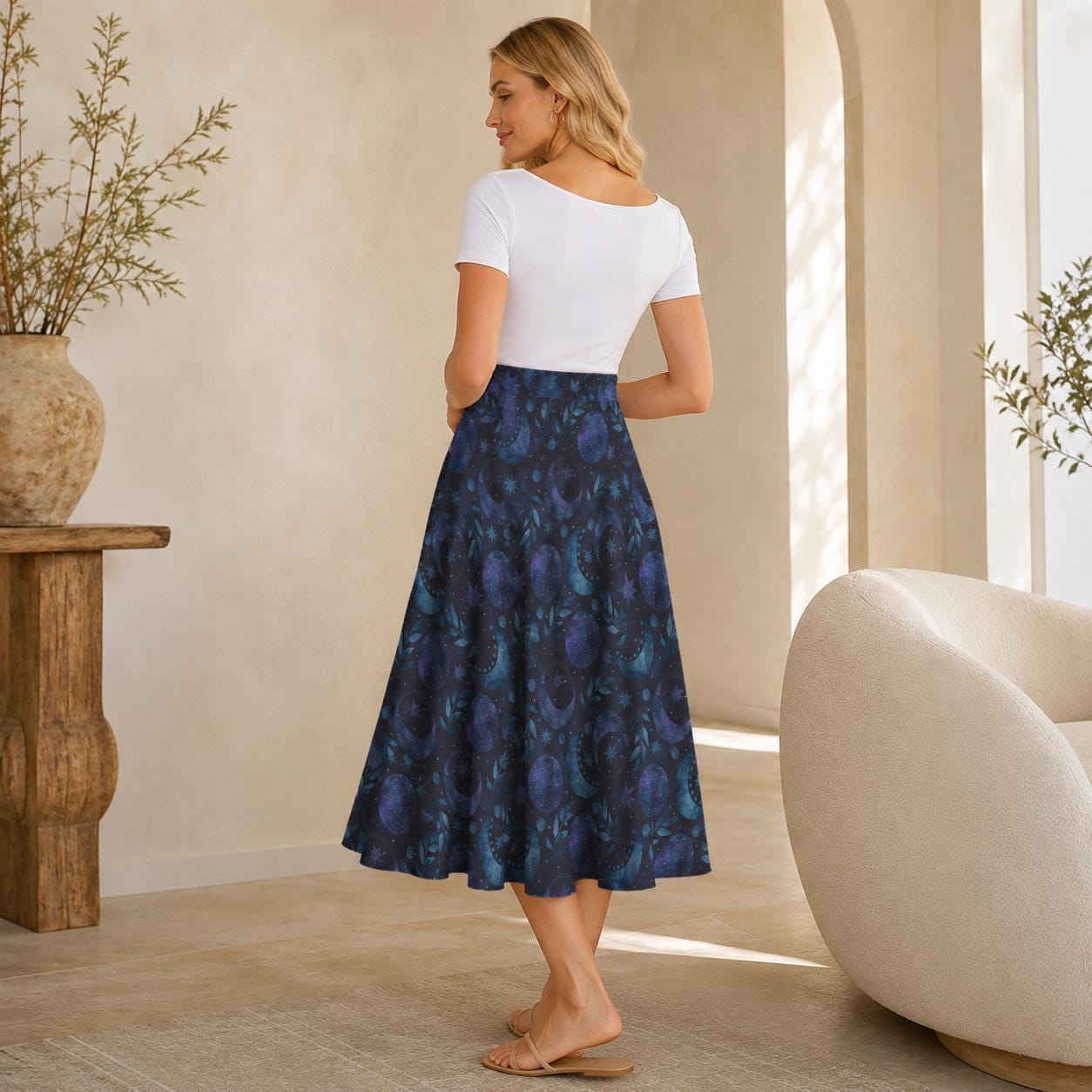 Navy Celestial Moon Maxi Dress, Sleeveless Lunar Vine Pockets