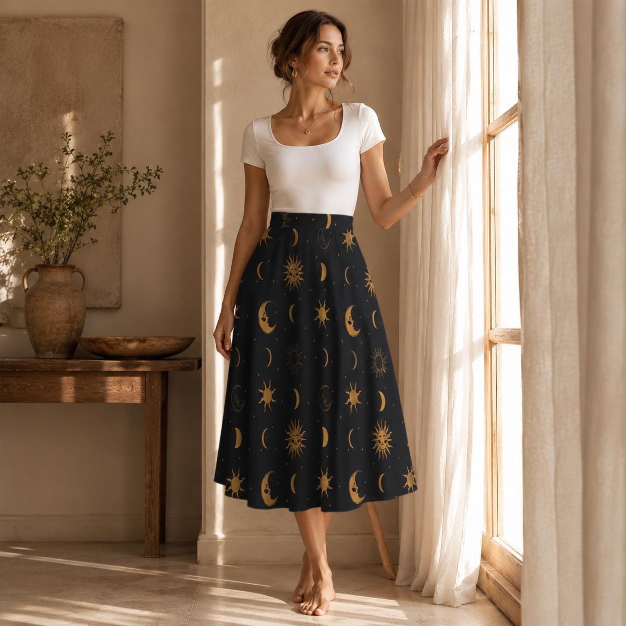 Celestial Midi Skirt, Gold Sun Moon Star Print, High Waist A Line, Witchy Cottagecore Style
