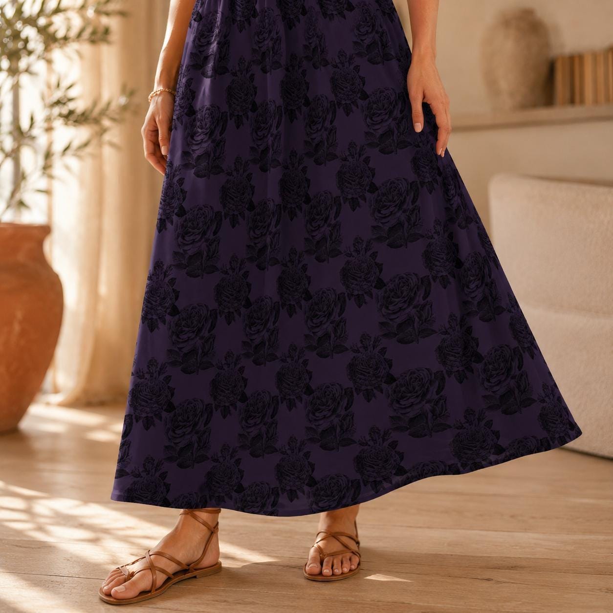 Dark Purple Rose Maxi Skirt, Black Floral High Waist Gothic Romantic Style