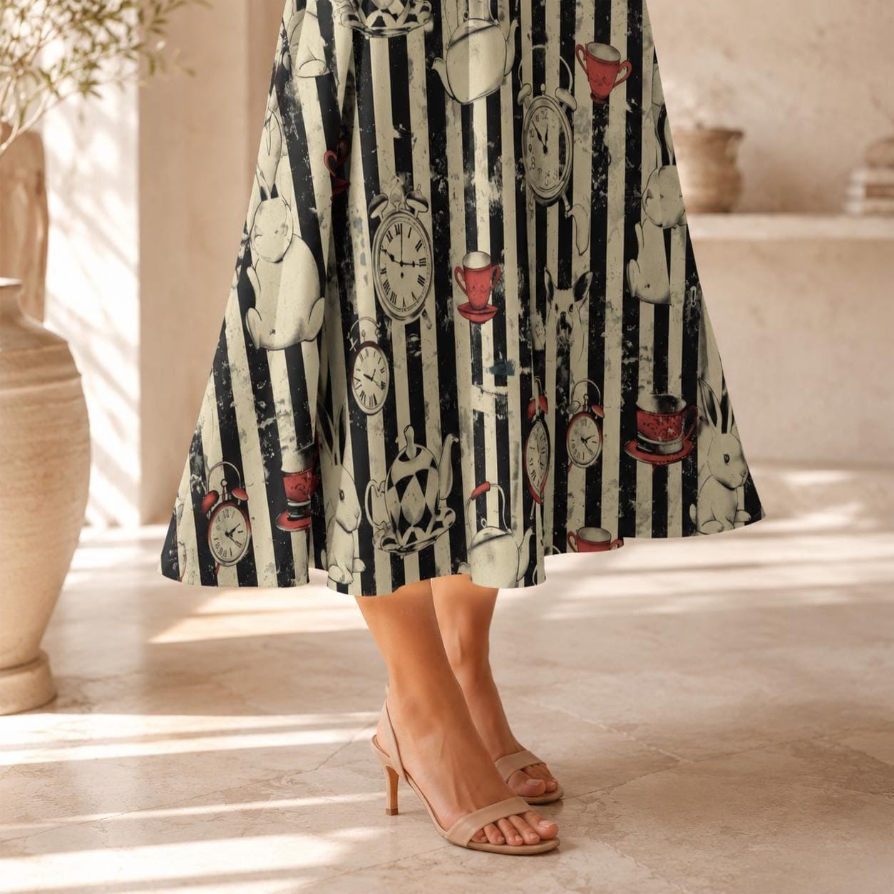 Storybook Rabbit Clock Print Midi Skirt, Black Stripe A-Line Cottagecore Style