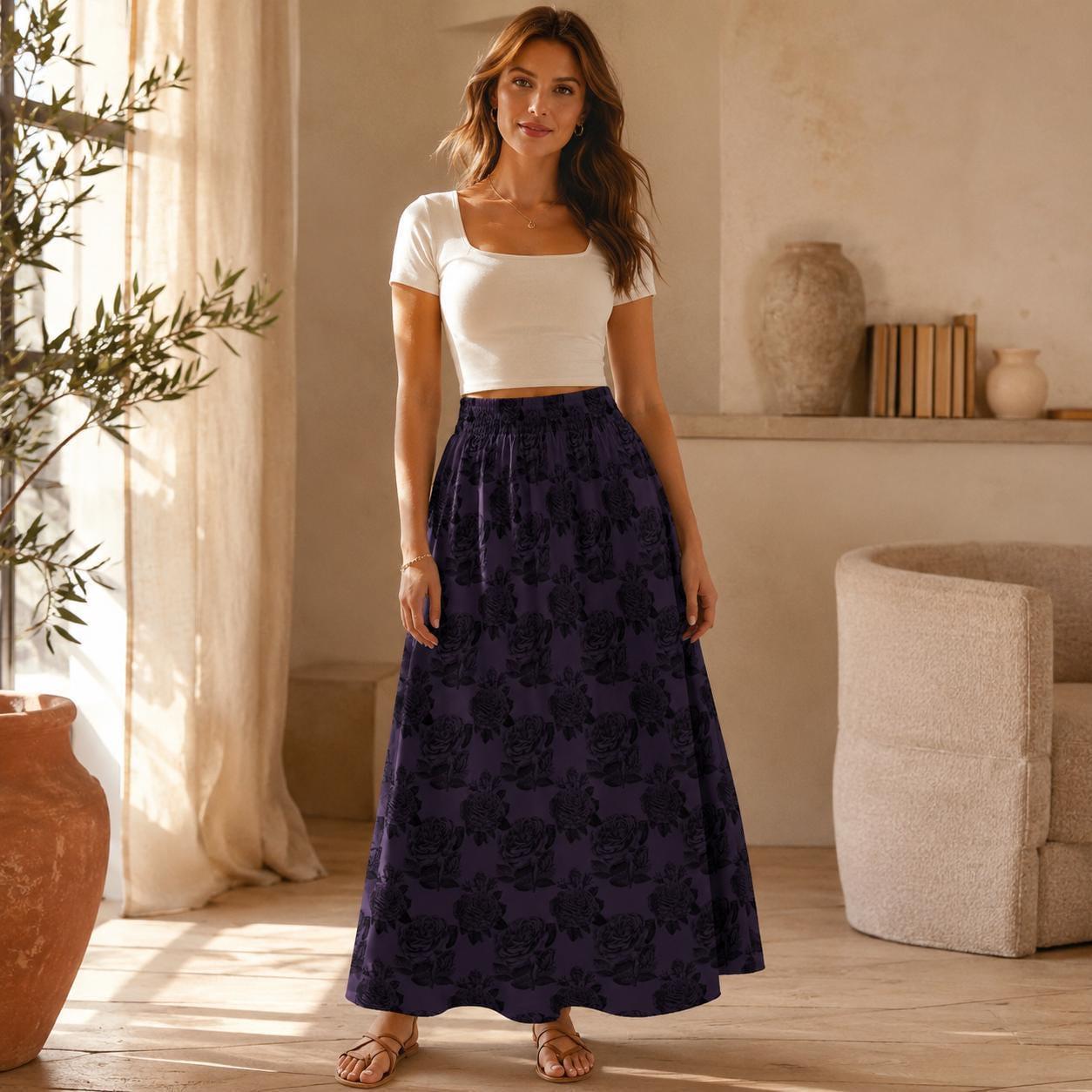 Dark Purple Rose Maxi Skirt, Black Floral High Waist Gothic Romantic Style