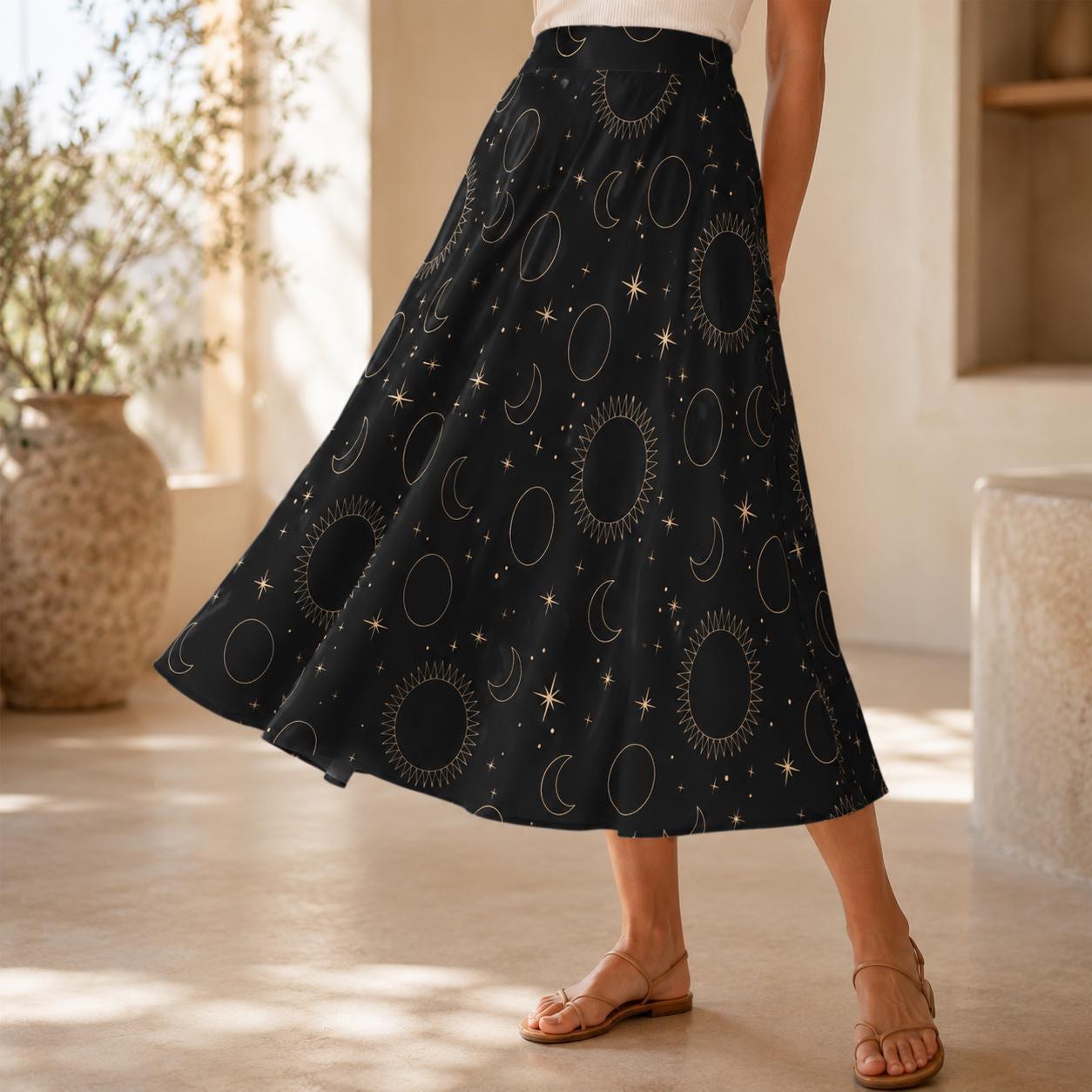 Celestial Midi Skirt, Black Sun Moon Star Print, High Waist Witchy Skirt