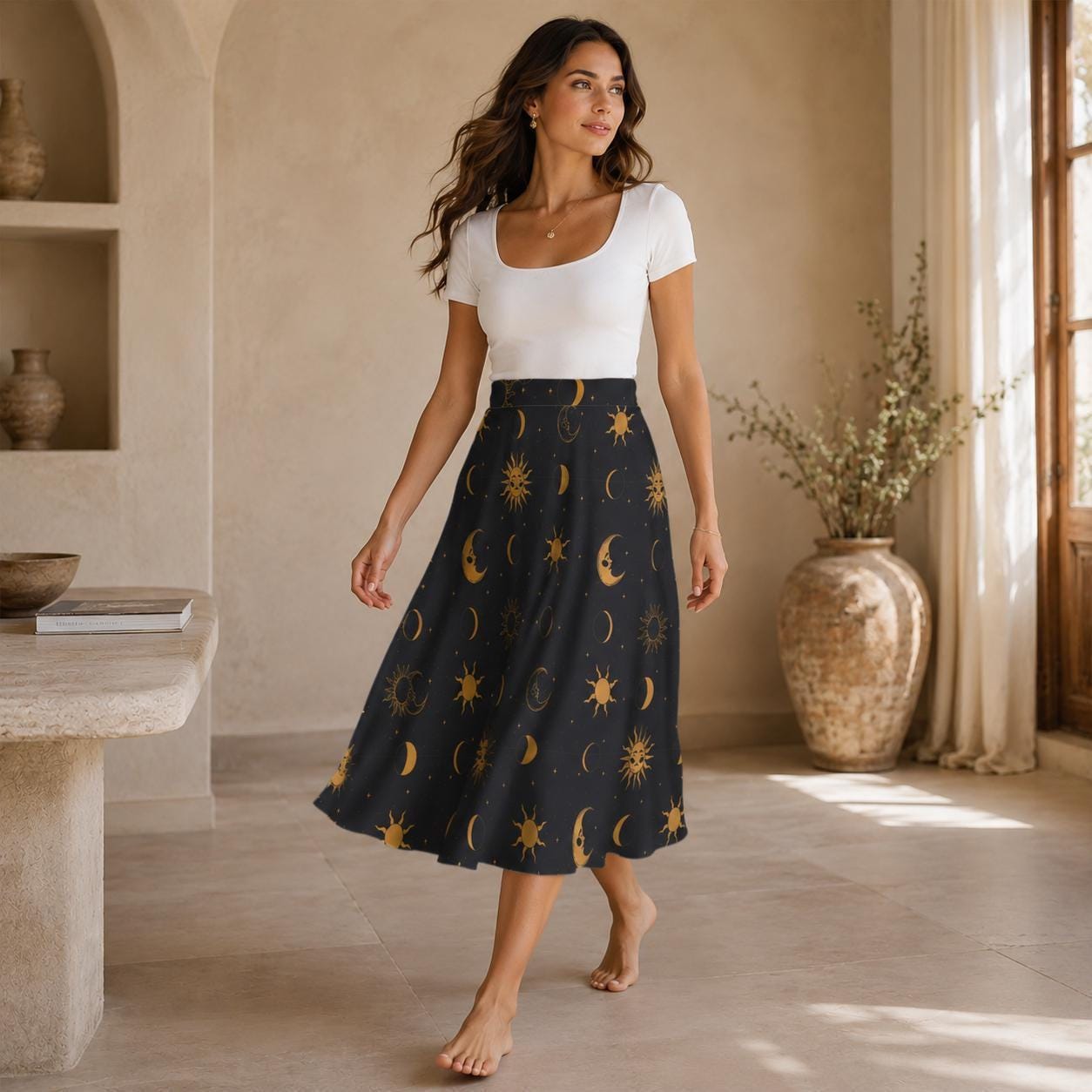 Celestial Midi Skirt, Gold Sun Moon Star Print, High Waist A Line, Witchy Cottagecore Style