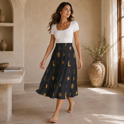 Celestial Midi Skirt, Gold Sun Moon Star Print, High Waist A Line, Witchy Cottagecore Style