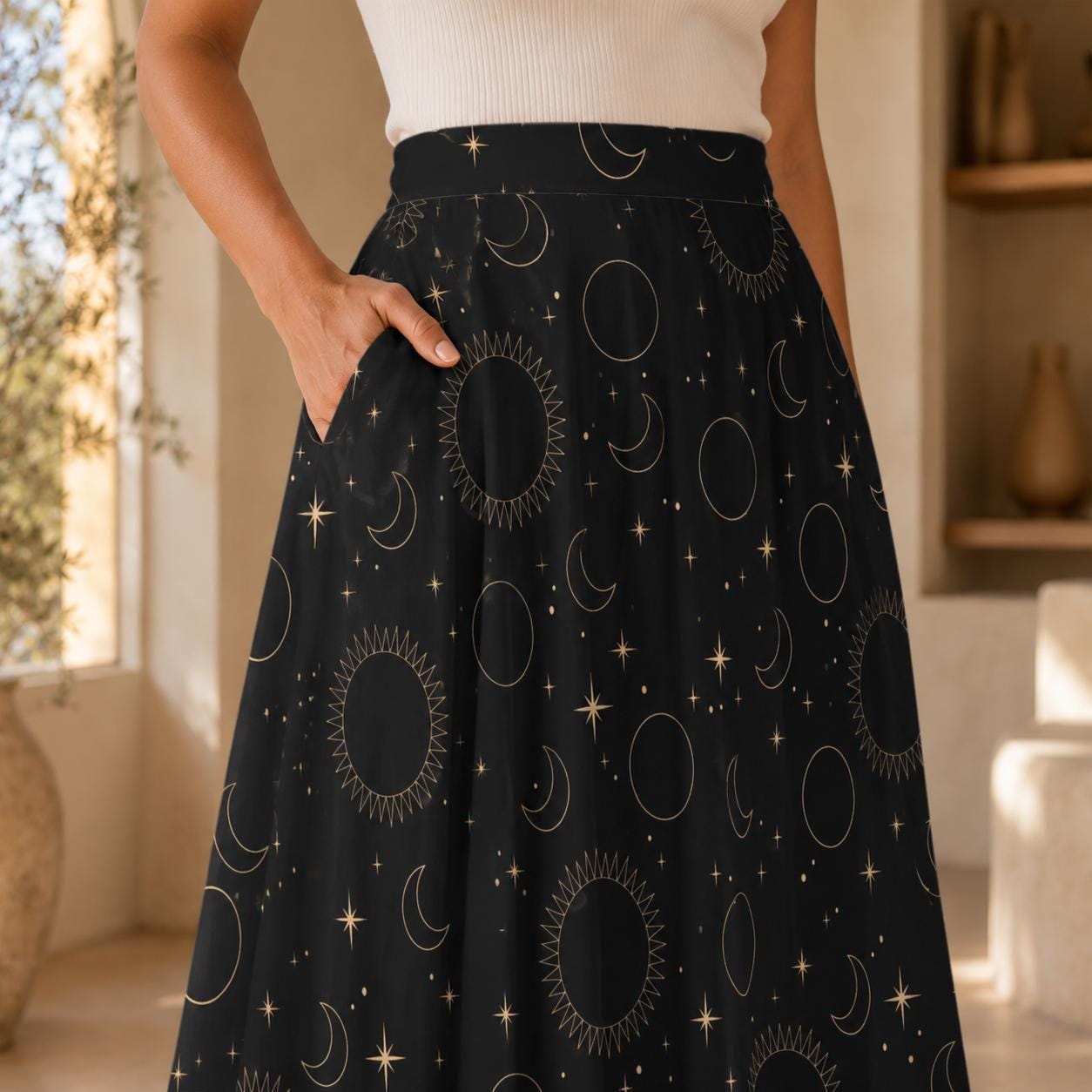 Celestial Midi Skirt, Black Sun Moon Star Print, High Waist Witchy Skirt