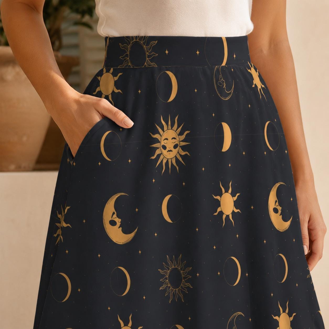 Celestial Midi Skirt, Gold Sun Moon Star Print, High Waist A Line, Witchy Cottagecore Style