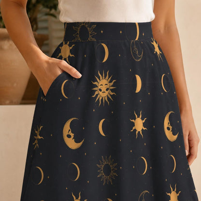 Celestial Midi Skirt, Gold Sun Moon Star Print, High Waist A Line, Witchy Cottagecore Style