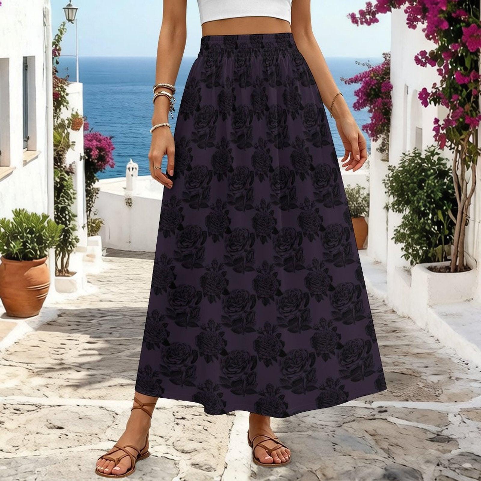 Dark Purple Rose Maxi Skirt, Black Floral High Waist Gothic Romantic Style