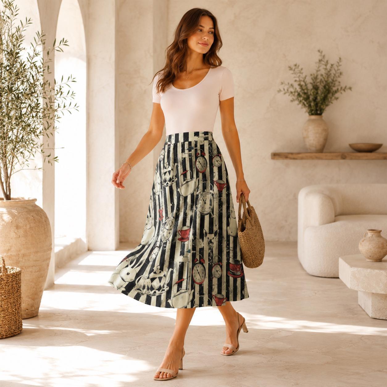 Storybook Rabbit Clock Print Midi Skirt, Black Stripe A-Line Cottagecore Style