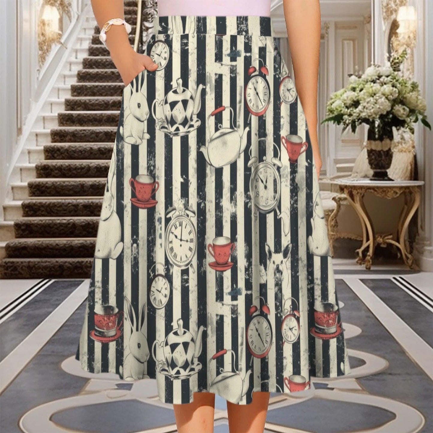 Storybook Rabbit Clock Print Midi Skirt, Black Stripe A-Line Cottagecore Style