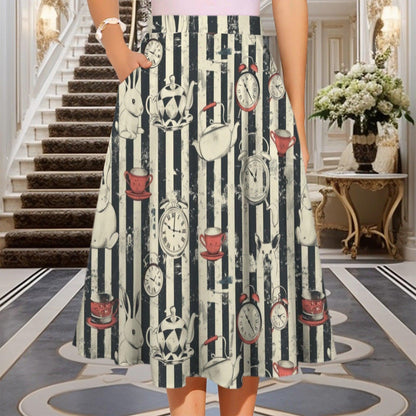 Storybook Rabbit Clock Print Midi Skirt, Black Stripe A-Line Cottagecore Style