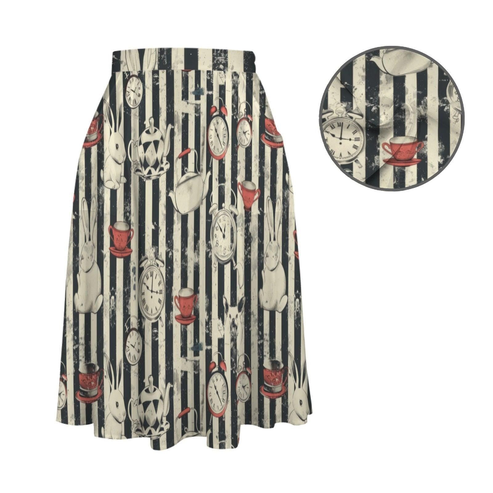 Storybook Rabbit Clock Print Midi Skirt, Black Stripe A-Line Cottagecore Style