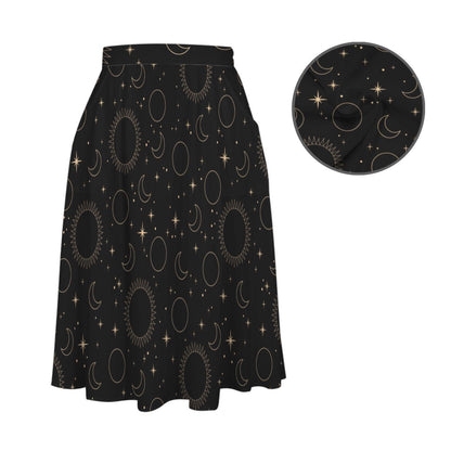 Celestial Midi Skirt, Black Sun Moon Star Print, High Waist Witchy Skirt