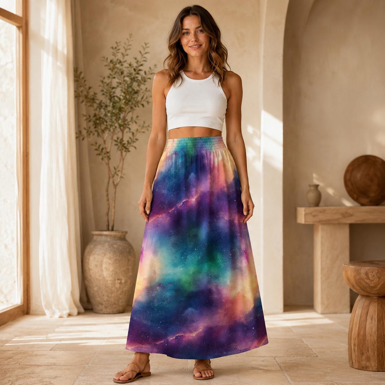 Celestial Aurora Galaxy Maxi Skirt, High Waist Flowy Cosmic Festival Boho Style
