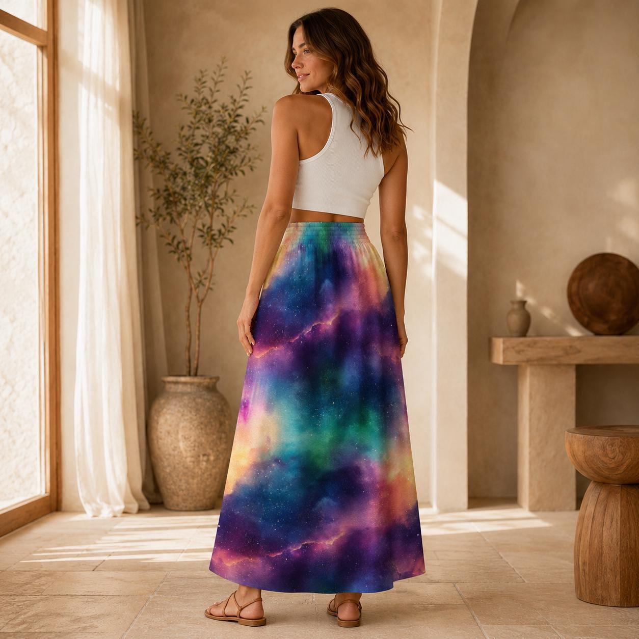 Celestial Aurora Galaxy Maxi Skirt, High Waist Flowy Cosmic Festival Boho Style