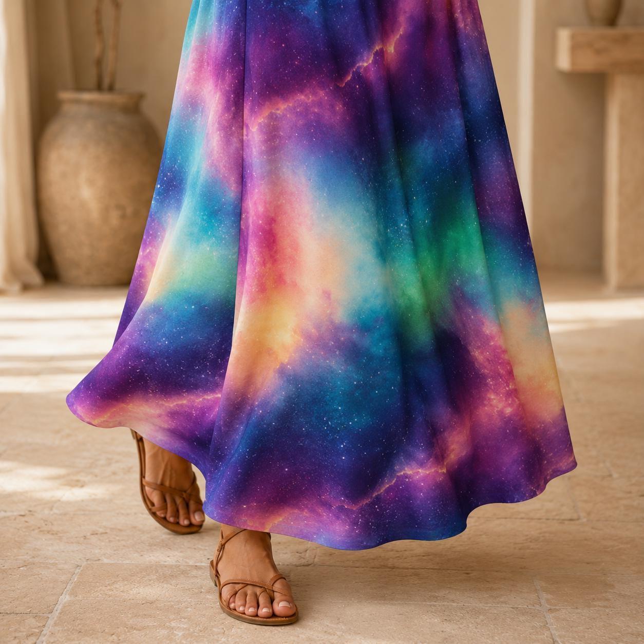 Celestial Aurora Galaxy Maxi Skirt, High Waist Flowy Cosmic Festival Boho Style