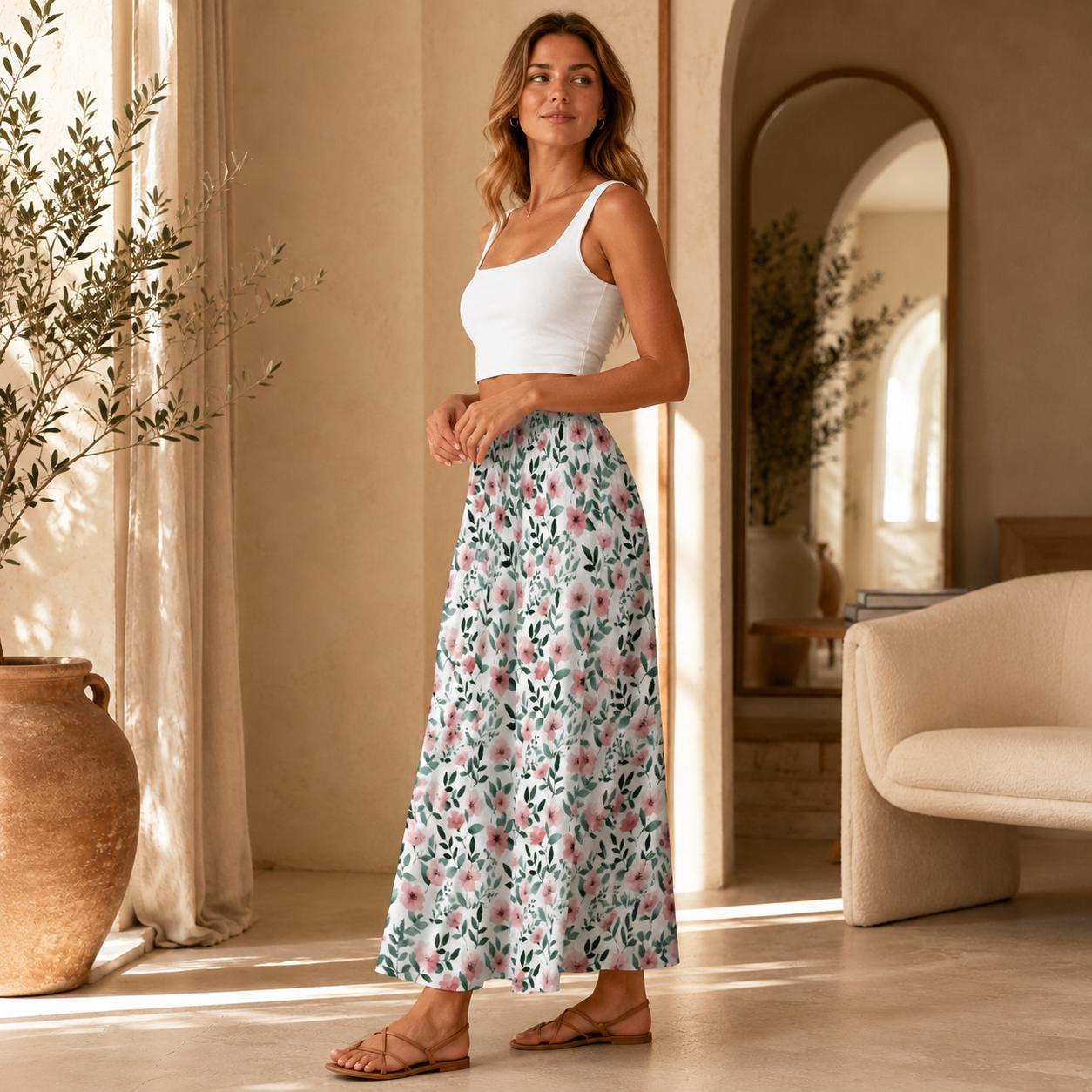 Pink Wildflower Maxi Skirt, White Floral Summer Garden Party Cottagecore Style