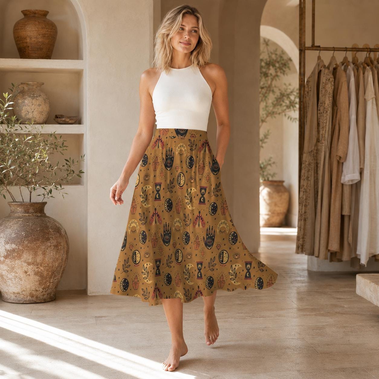 Mustard Yellow Witchy Midi Skirt, Occult Tarot Print with Pockets, High Waist A-Line Skirt
