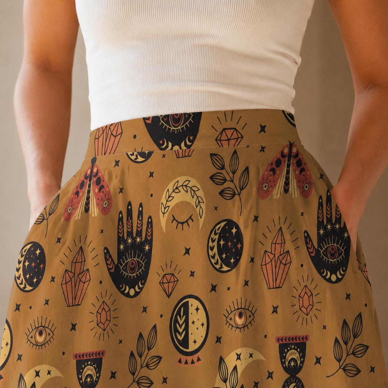 Mustard Yellow Witchy Midi Skirt, Occult Tarot Print with Pockets, High Waist A-Line Skirt