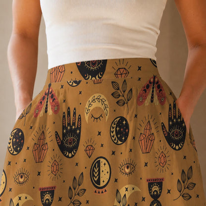 Mustard Yellow Witchy Midi Skirt, Occult Tarot Print with Pockets, High Waist A-Line Skirt