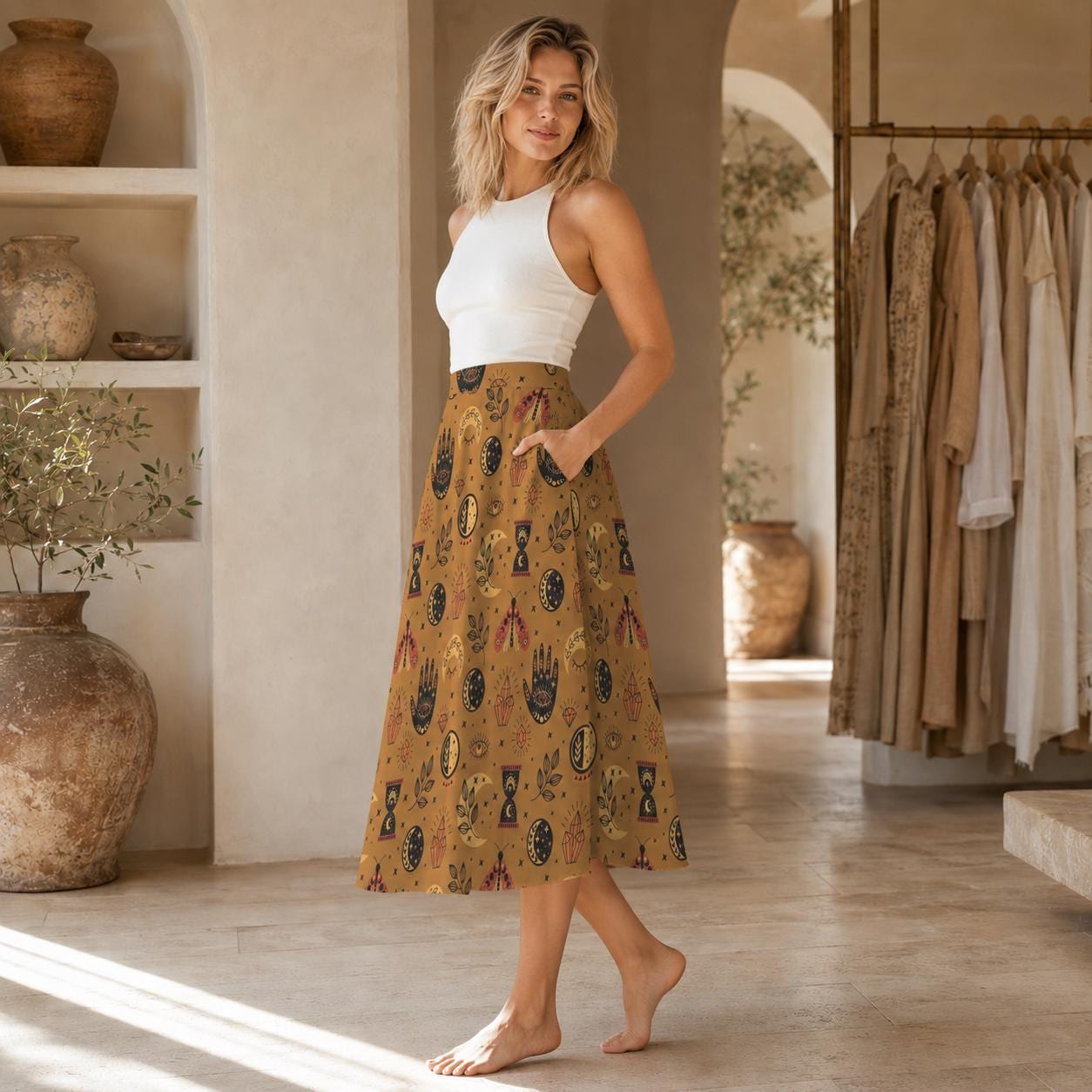 Mustard Yellow Witchy Midi Skirt, Occult Tarot Print with Pockets, High Waist A-Line Skirt