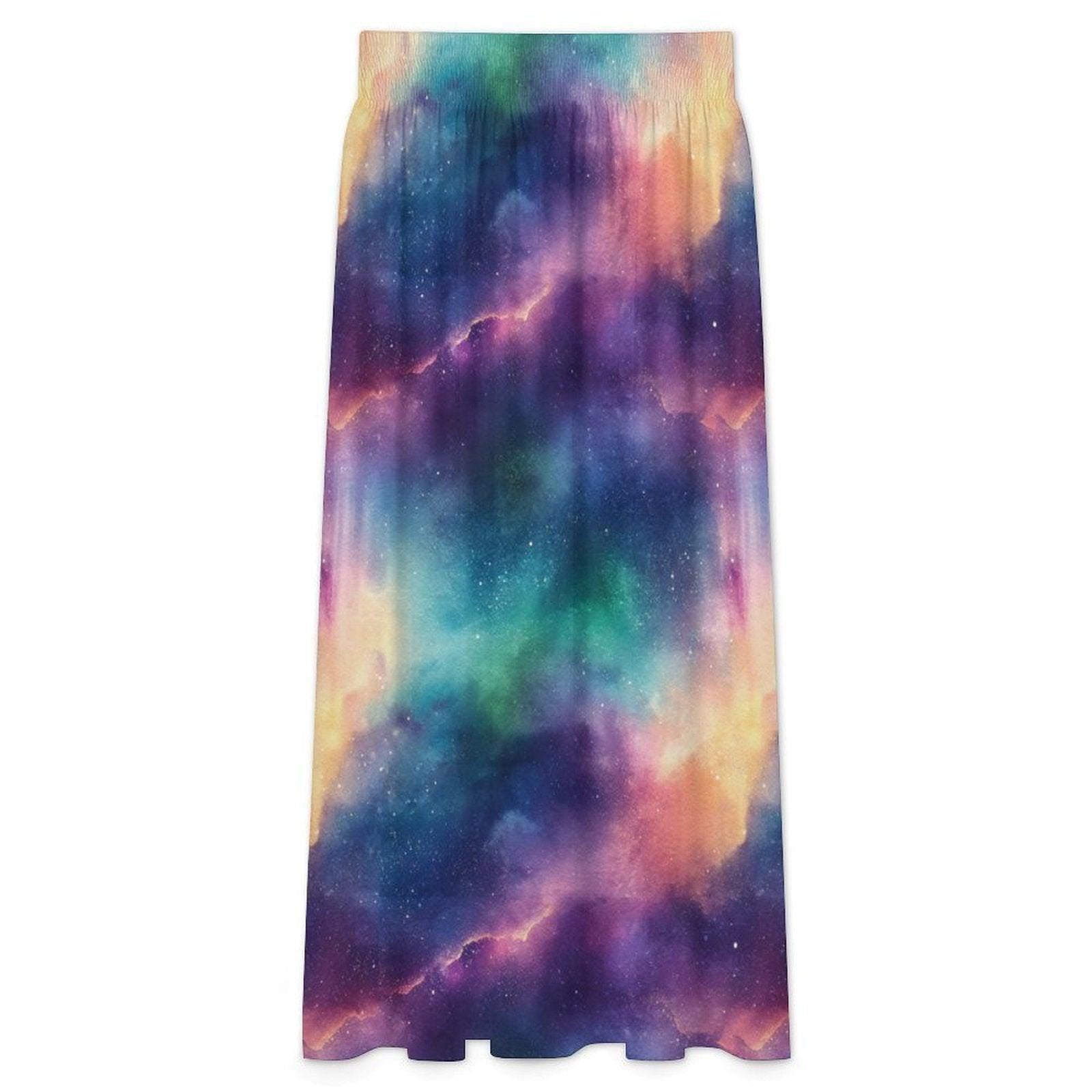 Celestial Aurora Galaxy Maxi Skirt, High Waist Flowy Cosmic Festival Boho Style