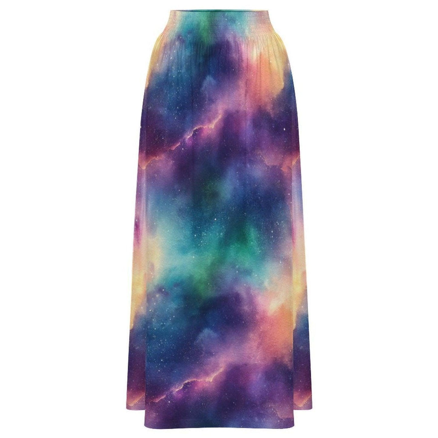 Celestial Aurora Galaxy Maxi Skirt, High Waist Flowy Cosmic Festival Boho Style