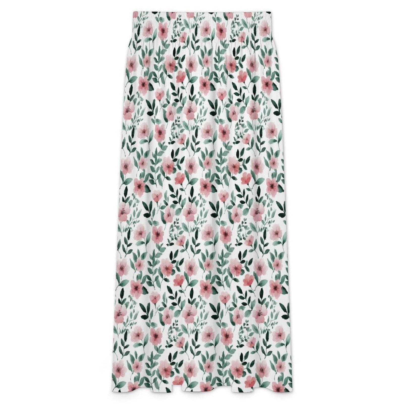 Pink Wildflower Maxi Skirt, White Floral Summer Garden Party Cottagecore Style
