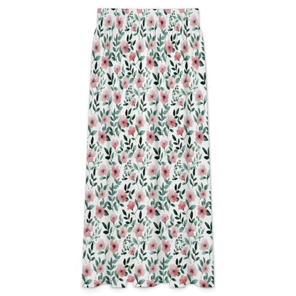 Pink Wildflower Maxi Skirt, White Floral Summer Garden Party Cottagecore Style