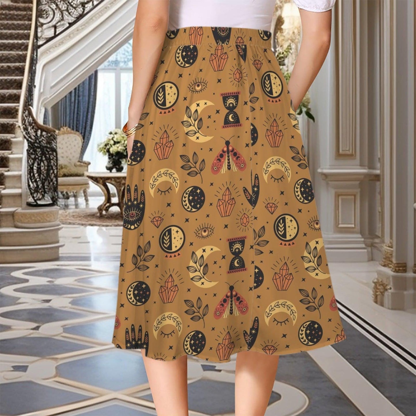 Mustard Yellow Witchy Midi Skirt, Occult Tarot Print with Pockets, High Waist A-Line Skirt