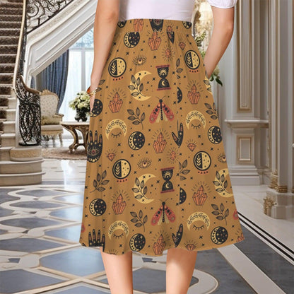 Mustard Yellow Witchy Midi Skirt, Occult Tarot Print with Pockets, High Waist A-Line Skirt