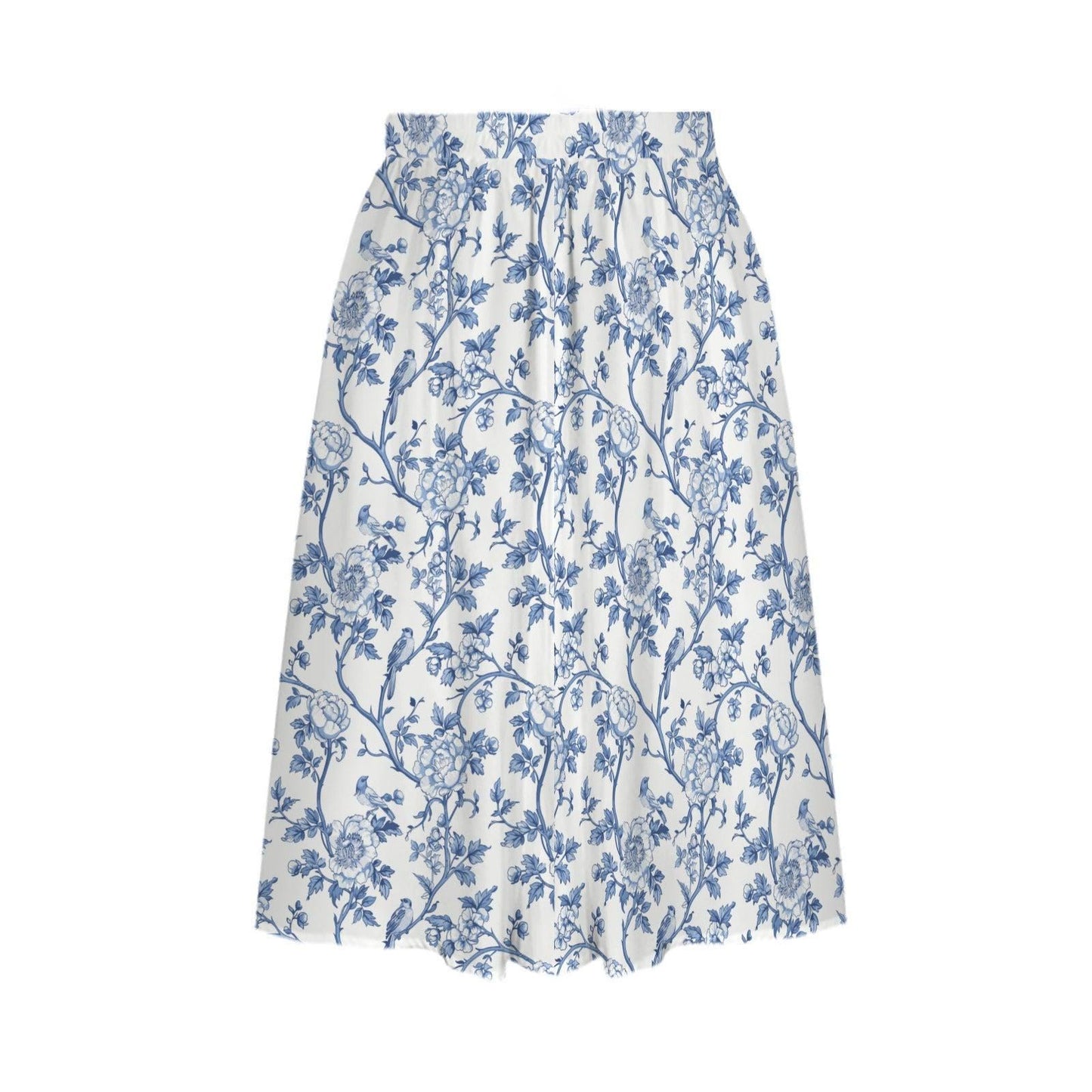 Blue Toile Midi Skirt, French Garden Floral Print, Flowy A-Line Summer Style