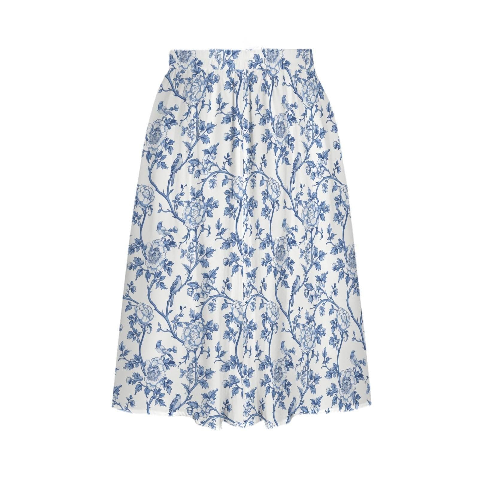 Blue Toile Midi Skirt, French Garden Floral Print, Flowy A-Line Summer Style