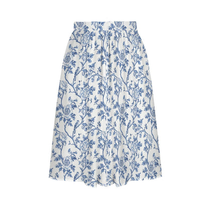 Blue Toile Midi Skirt, French Garden Floral Print, Flowy A-Line Summer Style